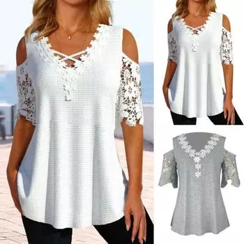 Женское кружевное лоскутное платье с V-образным вырезом и открытыми плечами S белый