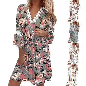 Женское кружевное лоскутное платье с v-образным вырезом в богемном стиле, повседневное курортное платье, женское платье XXL серый