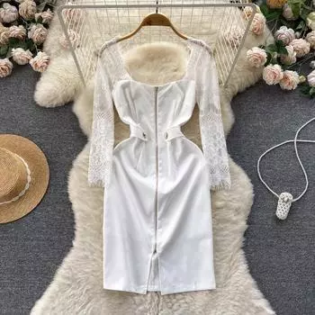 Женское кружевное лоскутное тонкое облегающее платье-карандаш, модные женские офисные платья на молнии с квадратным воротником S белый