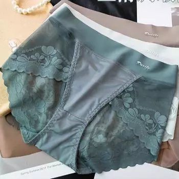 Женское кружевное нижнее белье, легкие роскошные трусы с высокой талией, атласные трусики из ледяного шелка без следов, сексуальные кружевные трусики большого размера