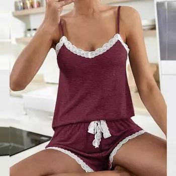 Женское кружевное нижнее белье, пижамный комплект, бюстгальтер, жилет, майка, топы + шорты, одежда для сна S темно-красного
