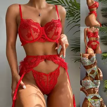 Женское кружевное нижнее белье с цветочным принтом, комплект пуш-ап, бюстгальтер, стринги, подвязки, нижнее белье, ночное белье S