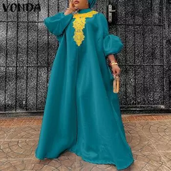 Женское кружевное однотонное свободное длинное платье трапециевидной формы VONDA большого размера с воротником-стойкой и пышными рукавами 3/4 4XL ярко-розовый