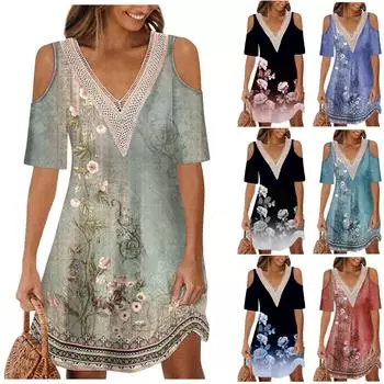 Женское кружевное платье без бретелек с V-образным вырезом в стиле ретро, летняя юбка с цветочным принтом и принтом, платье миди XXL синий