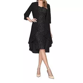 Женское кружевное платье без рукавов с круглым вырезом, 2 шт./компл., однотонное, с рукавами 3/4, с открытым передом, кардиган, элегантный женский наряд 4XL чёрный