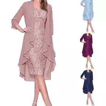 Женское кружевное платье без рукавов с круглым вырезом, 2 шт./компл., однотонное, с рукавами 3/4, с открытым передом, кардиган, элегантный женский наряд 3XL небесно-голубой