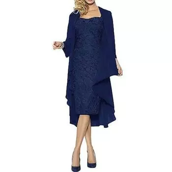 Женское кружевное платье без рукавов с круглым вырезом, 2 шт./компл., однотонное, с рукавами 3/4, с открытым передом, кардиган, элегантный женский наряд 3XL небесно-голубой