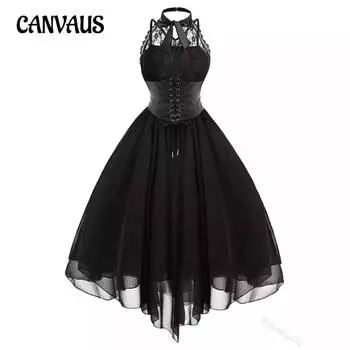 Женское кружевное платье без рукавов с завязками на талии и висячим воротником S чёрный