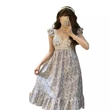 Женское кружевное платье без рукавов с цветочным принтом, V-образным вырезом и подкладкой на груди L светло-фиолетовый