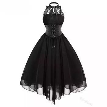 Женское кружевное платье без рукавов с завязками на талии и висячим воротником S чёрный