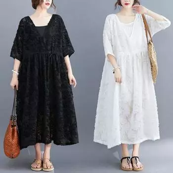 Женское кружевное платье больших размеров, летнее, с цветочной вышивкой, комплект из двух частей, свободные, большие, длинные платья L белый
