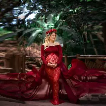 Женское кружевное платье для беременных с открытыми плечами и длинными рукавами, элегантное вечернее свадебное платье для фотосъемки S белый