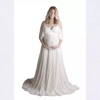 Женское кружевное платье для беременных с короткими рукавами и длинными рукавами Элегантное вечернее свадебное платье для фотосъемки S белый