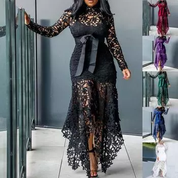 Женское кружевное платье нестандартной формы с длинными рукавами и воротником-стойкой M белый