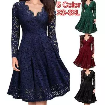 Женское кружевное платье, новое сплошное цветное платье с v-образным вырезом и длинным рукавом, большие качели, тонкая юбка-миди, женские осенние и зимние вечерние модные платья 3XL чёрный
