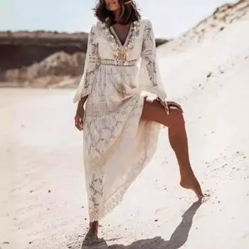 Женское кружевное платье с длинным рукавом и V-образным вырезом L