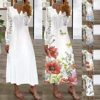 Женское кружевное платье с длинными рукавами, летнее платье, праздничное платье, платье на пуговицах с V-образным вырезом, длинное платье с принтом XL синий