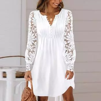 Женское кружевное платье с длинными рукавами, летнее платье, праздничное платье, платье с круглым вырезом на пуговицах, платье XXXL белый