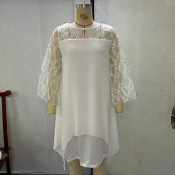 Женское кружевное платье с рукавами 7/10 и неровным подолом из шифона L белый