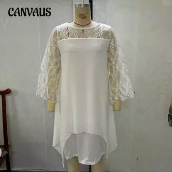 Женское кружевное платье с рукавами 7/10 и неровным подолом из шифона L белый