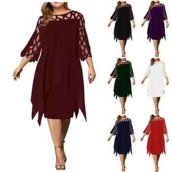 Женское кружевное платье с укороченным подолом и круглым вырезом в стиле пэчворк, с рукавами 3/4 L чёрный