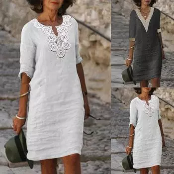 Женское кружевное платье с V-образным вырезом и вышивкой. Изысканное кружевное платье-майка с вышивкой. Летнее белое платье.