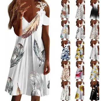 Женское кружевное платье с v-образным вырезом и принтом без бретелек с короткими рукавами XXL розовый