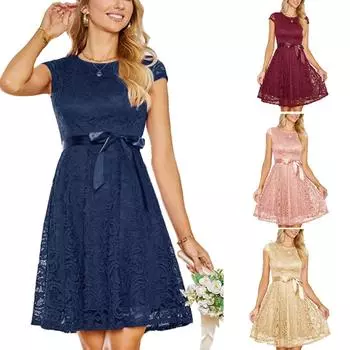 Женское кружевное платье в стиле ретро, платье средней длины с короткими рукавами, свободное платье с низким круглым вырезом, праздничное платье, платье для выпускного вечера L бежевый