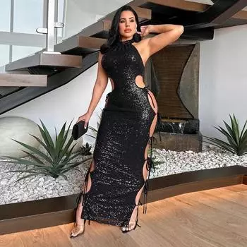 Женское кружевное полое бисерное элегантное сексуальное платье S чёрный