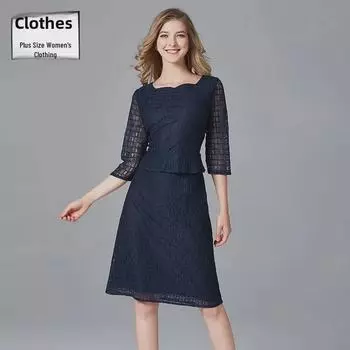 Женское кружевное повседневное платье с геометрическим узором больших размеров - круглый вырез, весна/осень, европейский и американский стиль, имитация двух частей 5XL