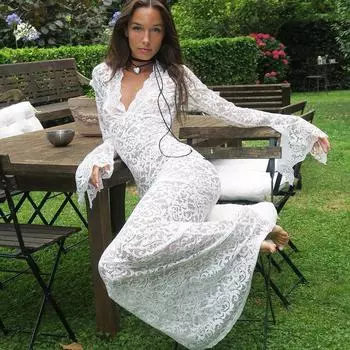 Женское кружевное прозрачное платье макси с V-образным вырезом и длинным рукавом, длинное платье, тонкое платье S белый