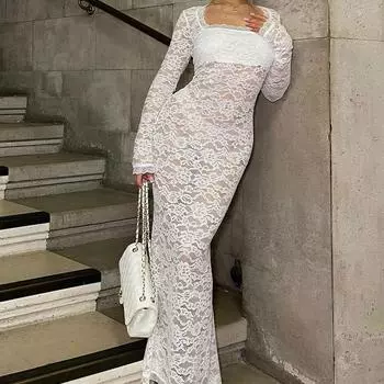 Женское кружевное прозрачное платье, сексуальное облегающее длинное платье с квадратным вырезом и длинными рукавами, вечерние платья S белый