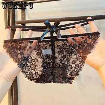 Женское кружевное прозрачное сексуальное нижнее белье с бантиком, с вырезом, с низкой посадкой, с хлопковой ластовицей, трусы-треугольники one size