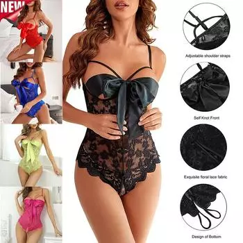 Женское кружевное прозрачное тонкое нижнее белье, комбинезон на шнуровке с узлом-бабочкой, облегающий комбинезон с открытой промежностью, боди, нижнее белье, одежда для сна S