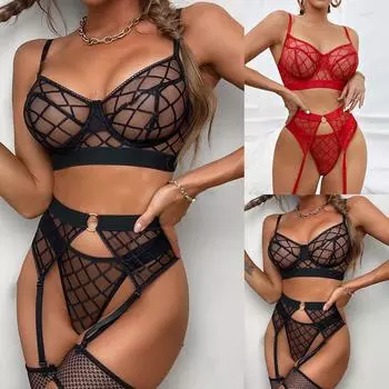 Женское кружевное сетчатое сексуальное нижнее белье бюстгальтер комплект чулки для чулок стринги нижнее белье S