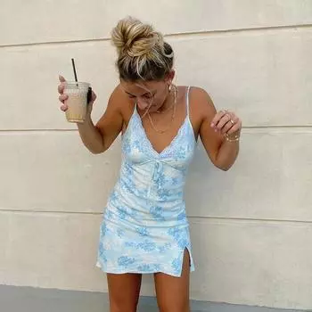 Женское кружевное сексуальное цветочное летнее платье с принтом, мини-платье с разрезом, клубное платье без рукавов S синий