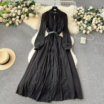 Женское кружевное шифоновое лоскутное праздничное пляжное платье, черные длинные макси, большие плиссированные платья M чёрный