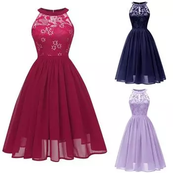 Женское кружевное шифоновое платье с бретелькой на шее, большая юбка, коктейльное бальное платье для выпускного вечера, винтажное платье L фиолетовый