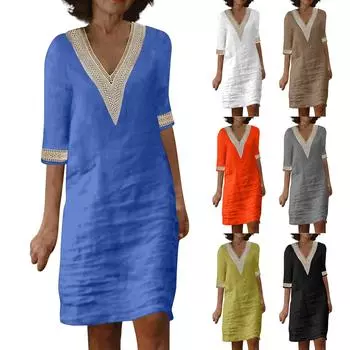 Женское кружевное шитье с v-образным вырезом, изысканное вышитое кружевное хлопковое льняное платье с короткими рукавами, летнее льняное платье L синий