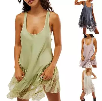 Женское кружевное струящееся платье без рукавов с открытой спиной и глубоким вырезом, короткое платье трапециевидной формы, сарафан в стиле бохо L