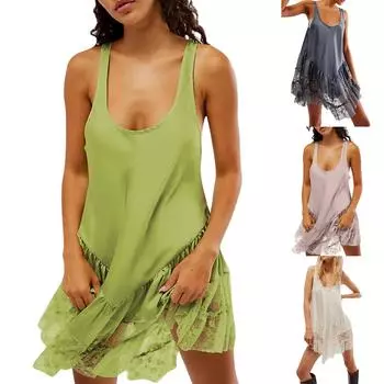 Женское кружевное струящееся платье без рукавов с открытой спиной и глубоким вырезом, короткое платье трапециевидной формы, сарафан в стиле бохо S