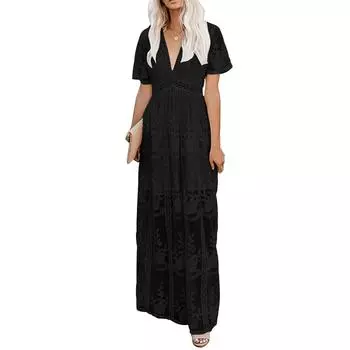 Женское кружевное свадебное платье с v-образным вырезом и цветочным принтом, вечернее платье макси с короткими рукавами L чёрный