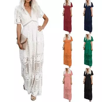 Женское кружевное свадебное платье с v-образным вырезом и цветочным принтом, вечернее платье макси с короткими рукавами