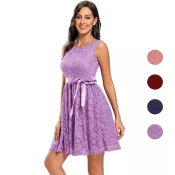 Женское кружевное свободное короткое платье без рукавов с ленточным галстуком, наряд для подружки невесты на свадьбу, вечеринку, коктейль, вечерний наряд S темно-синий