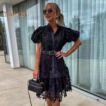 Женское кружевное вечернее платье в стиле ретро, воротник-стойка, пышное платье с короткими рукавами, однобортное платье миди, кружевное платье с цветочным принтом и поясом XL абрикосовый