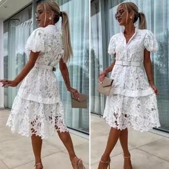 Женское кружевное вечернее платье в стиле ретро, воротник-стойка, пышное платье с короткими рукавами, однобортное платье миди, кружевное платье с цветочным принтом и поясом