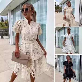 Женское кружевное вечернее платье в стиле ретро, воротник-стойка, пышное платье с короткими рукавами, однобортное платье миди, кружевное платье с цветочным принтом и поясом XL абрикосовый