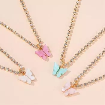 Женское кулон в форме бабочки, ожерелье, цепочка на ключицу, ювелирный подарок золотистый/розовый