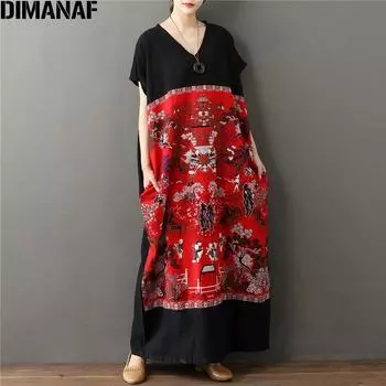 Женское льняное платье DIMANAF, лето 2021, женское свободное с v-образным вырезом и принтом в китайском стиле, новое винтажное платье оверсайз One Size красный