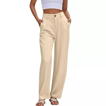 Женское льняное повседневное прямое платье с высокой талией и широкими штанинами, хлопковые льняные брюки, брюки на пуговицах L бежевый